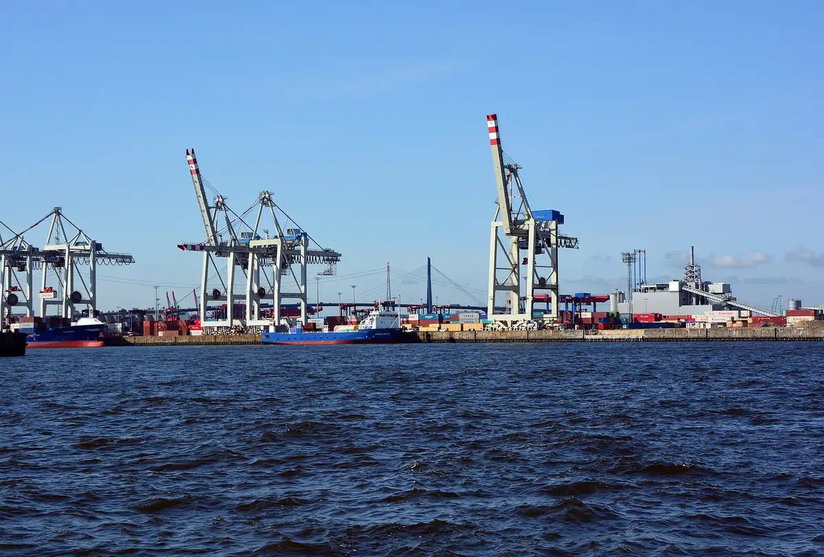 Container cranes and stacked containers at Tollerort terminal, Hamburg.